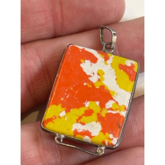 Vintage Rectangular Abstract Enamel Pendant With Silver-Tone Frame - Picture 4 of 6